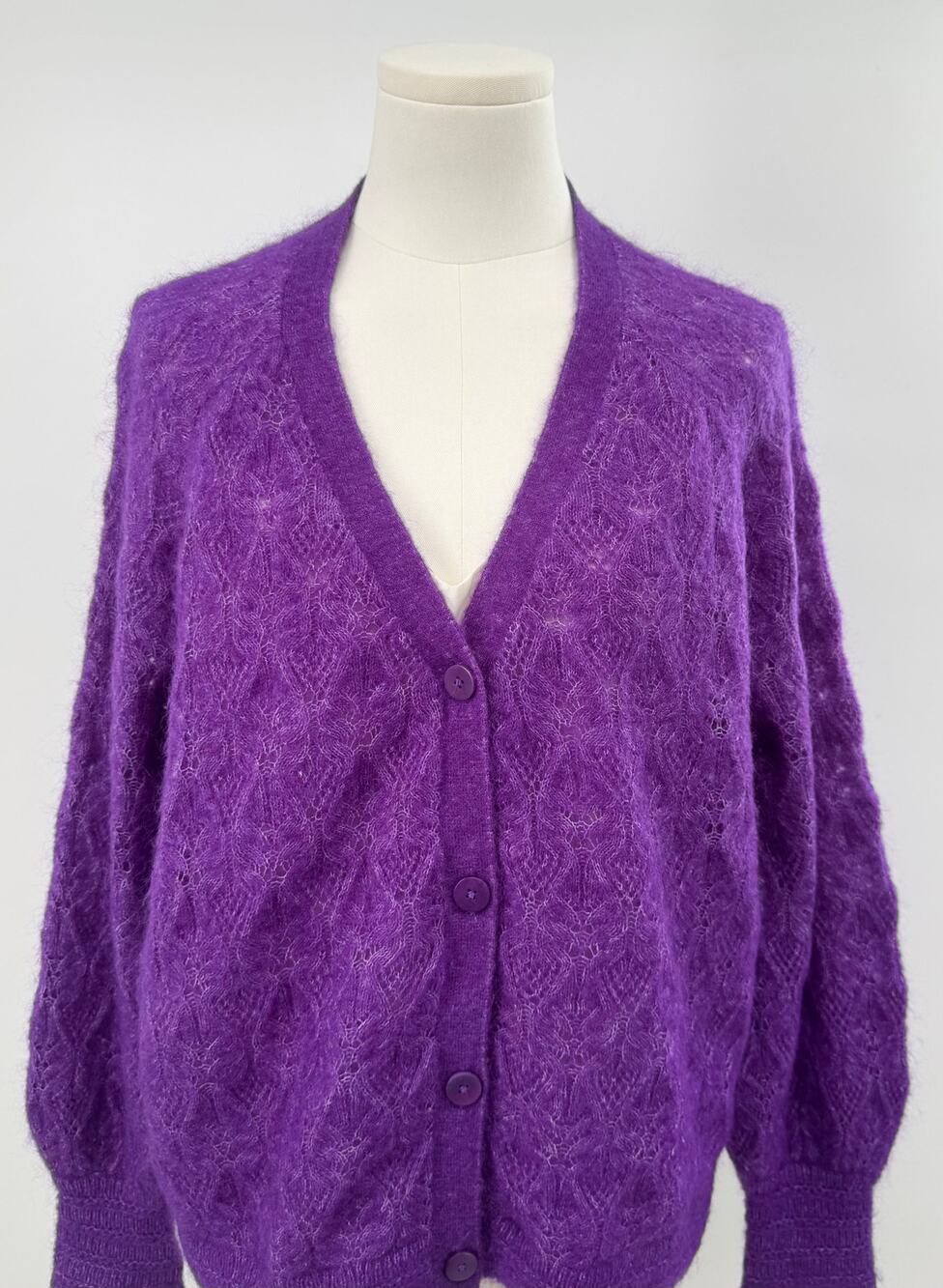 Sezane Marlow Mohair Wool Sweater Violet Pointelle Cardigan Purple V-Neck S
